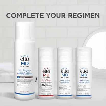 EltaMD PM Restore Face Moisturizer bottle held to demonstrate its compact 1.7 Ounce travel friendly size.