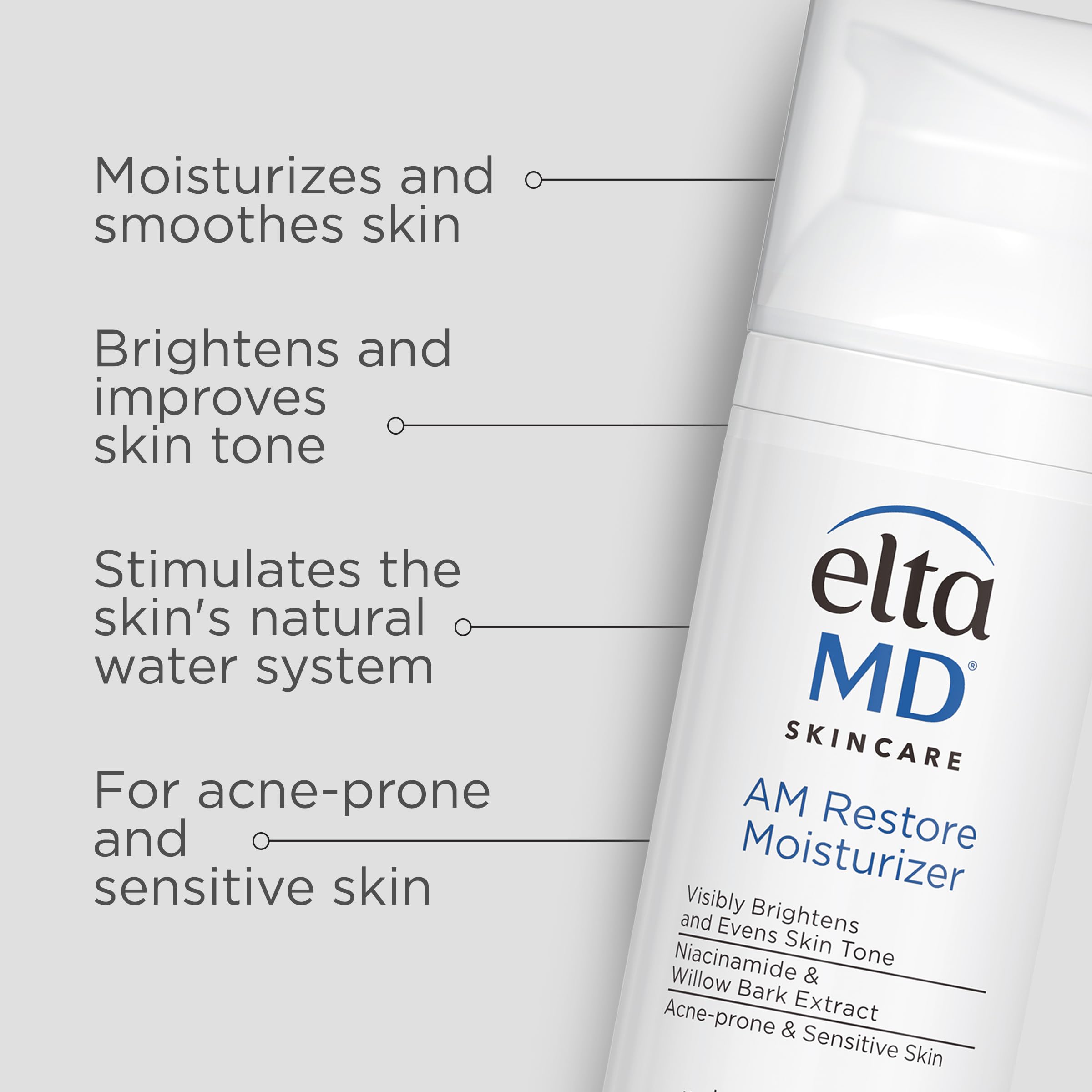 EltaMD AM Restore facial moisturizer bottle displaying instructions and clinical branding