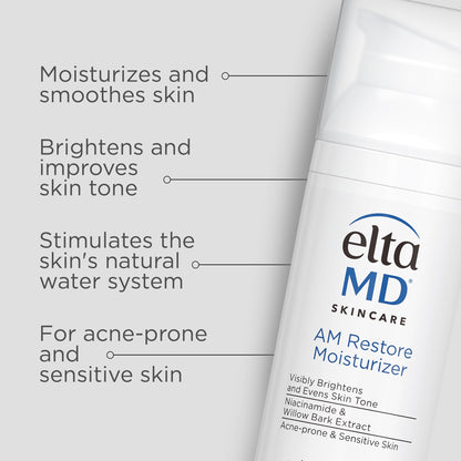 EltaMD AM Restore facial moisturizer bottle displaying instructions and clinical branding