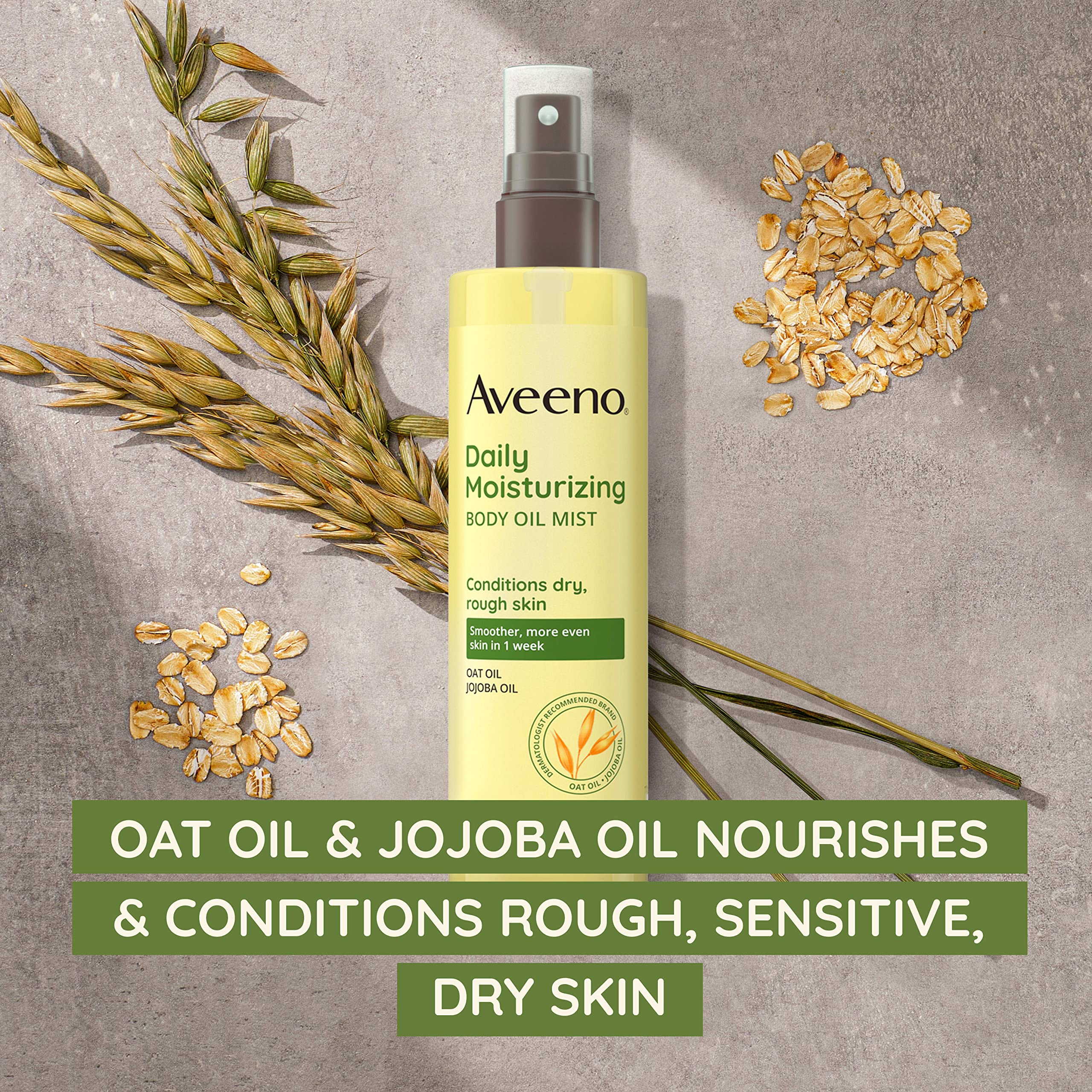 Aveeno dry body spray bottle displaying 98 percent naturally derived ingredients label