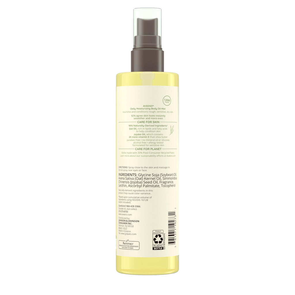Texture demonstration of Aveeno lightweight dry body oil mist on skin