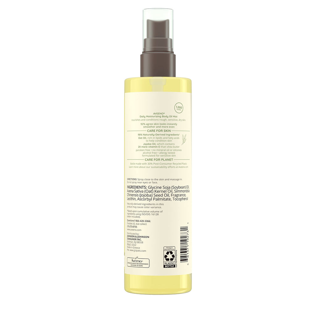 Lifestyle setting featuring Aveeno Daily Moisturizing Dry Body Oil Mist twin pack