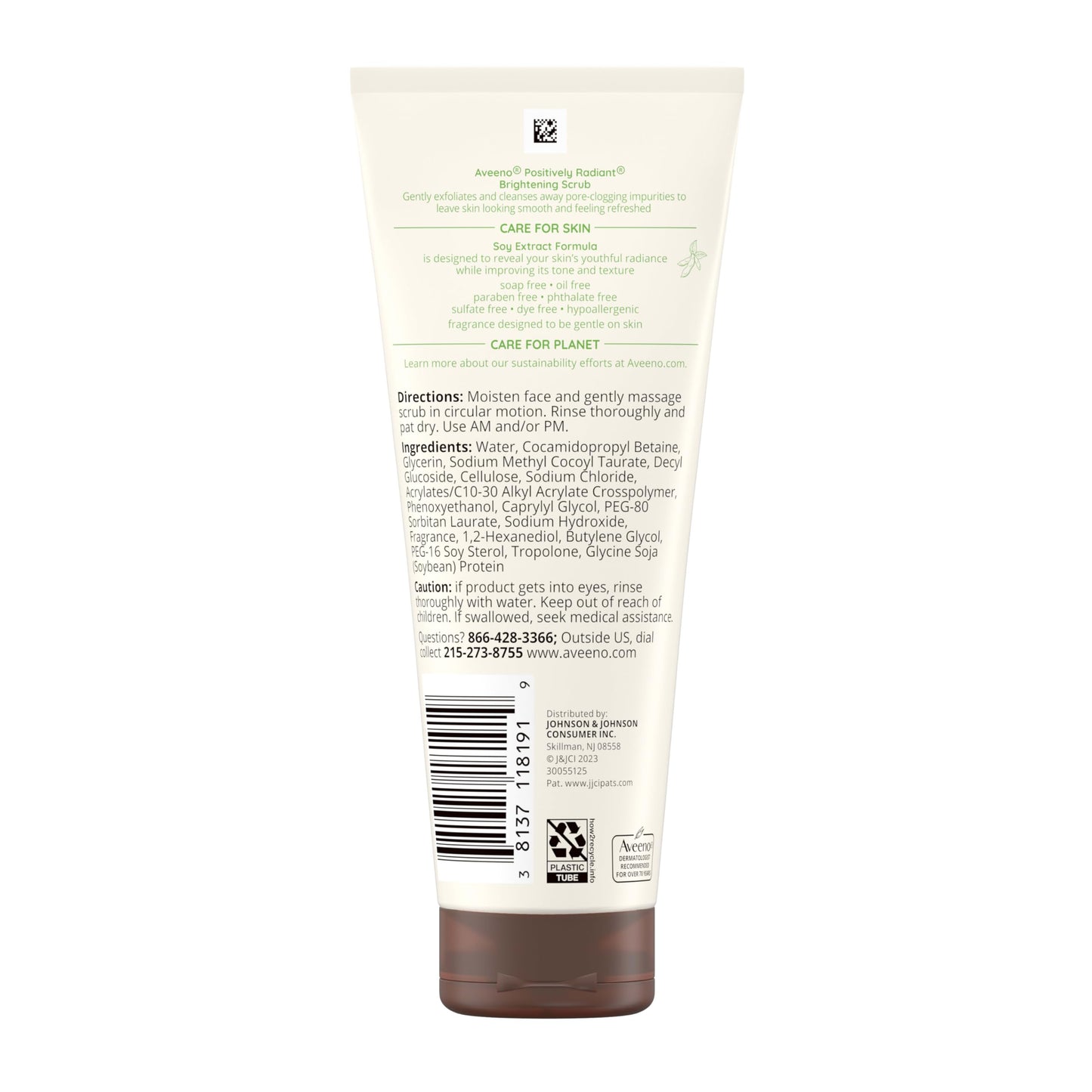 Side view of the 7 Ounce Aveeno Positively Radiant face scrub tube package design