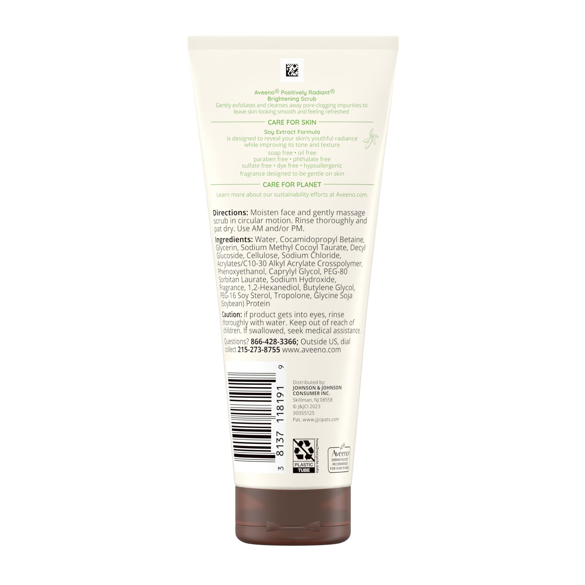 Side view of the 7 Ounce Aveeno Positively Radiant face scrub tube package design