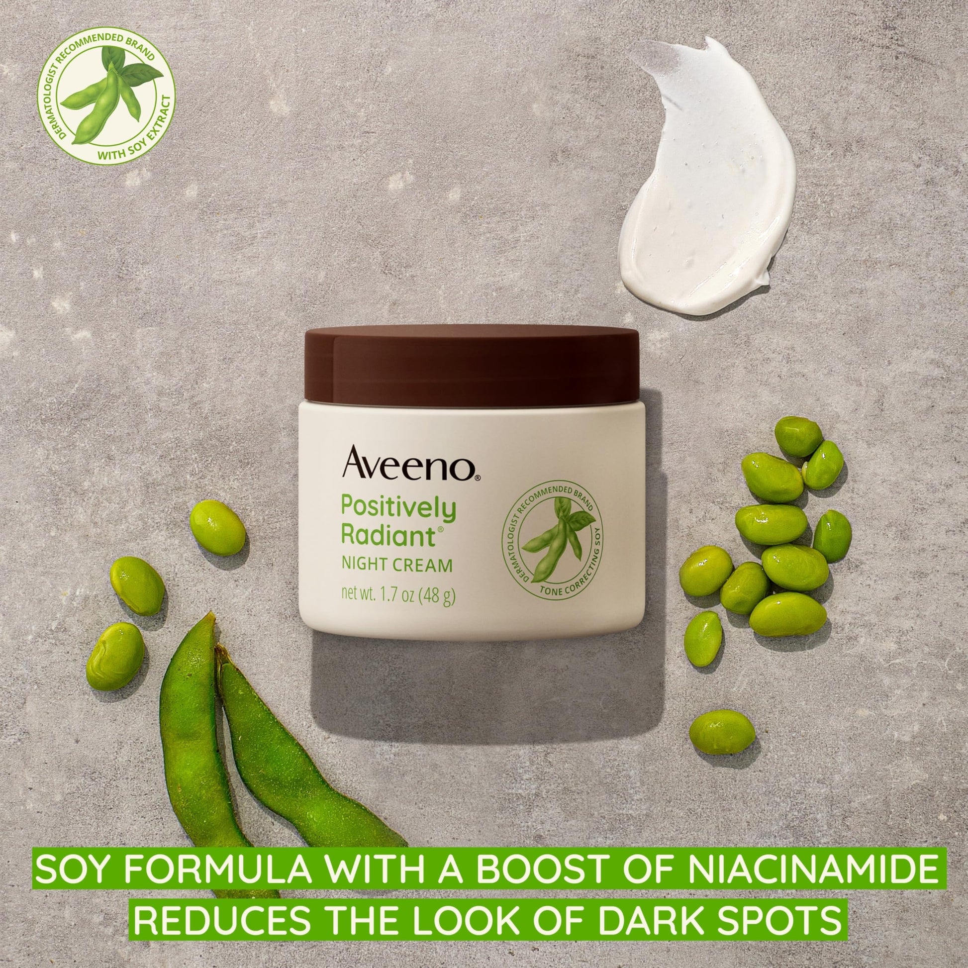 Aveeno overnight face and neck moisturizer packaging box showing tone correcting soy benefits
