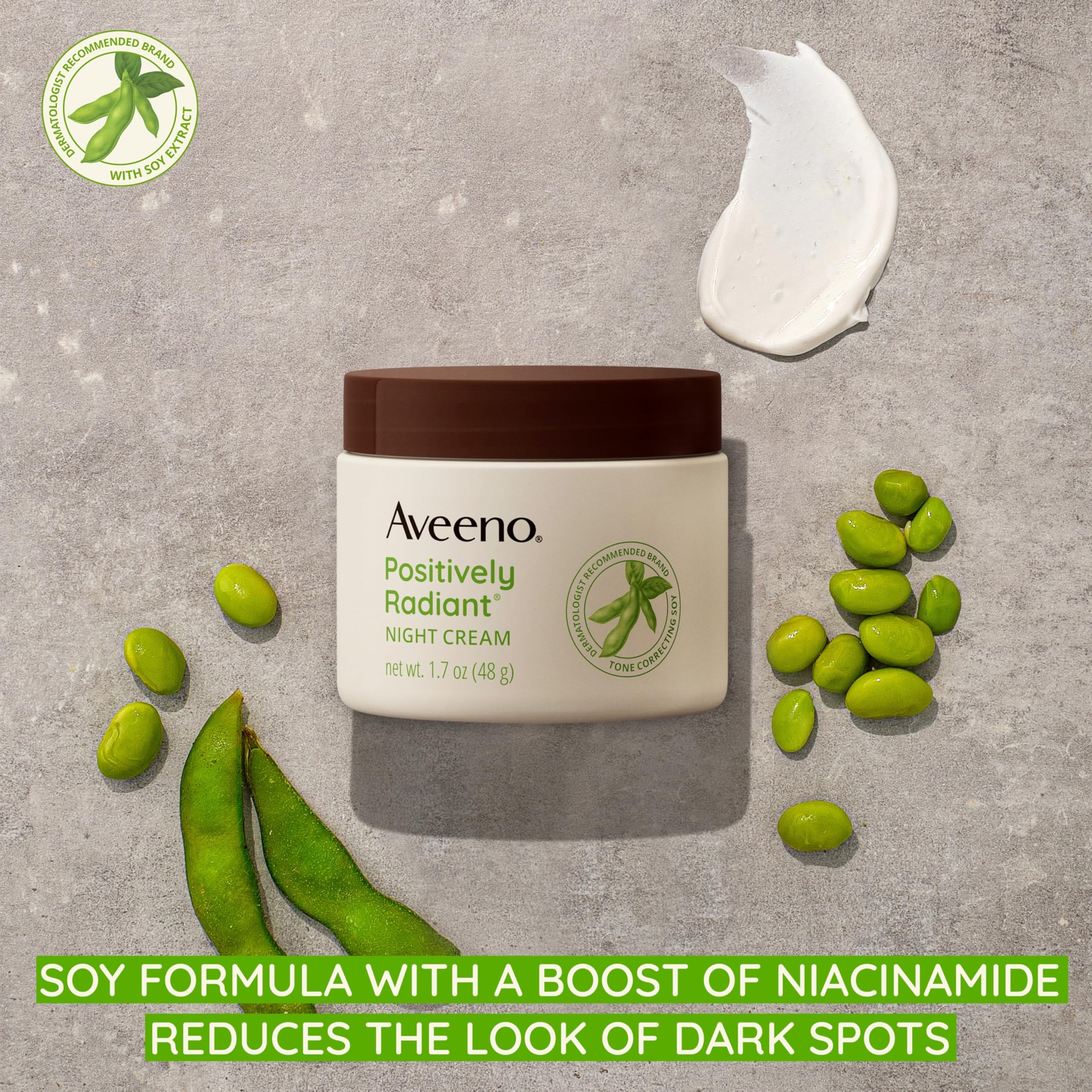 Aveeno overnight face and neck moisturizer packaging box showing tone correcting soy benefits
