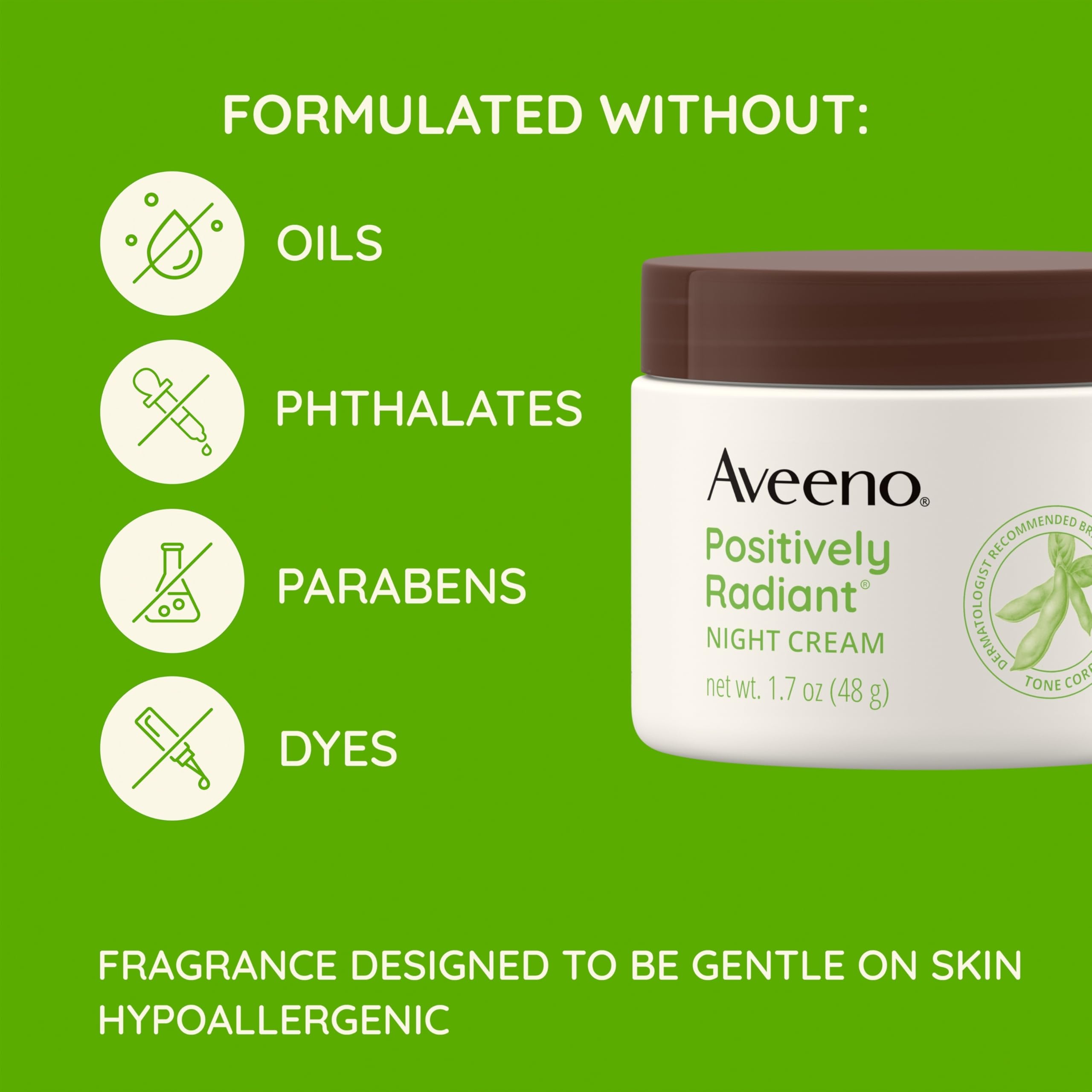 Back label of Aveeno 1.7 Ounce night moisturizer showing niacinamide ingredient details