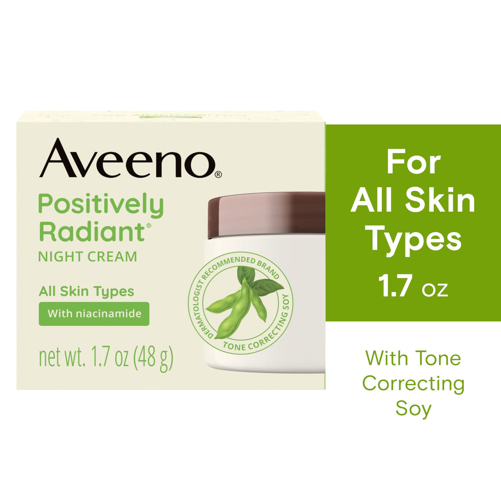 Aveeno Positively Radiant Night Cream jar next to product box