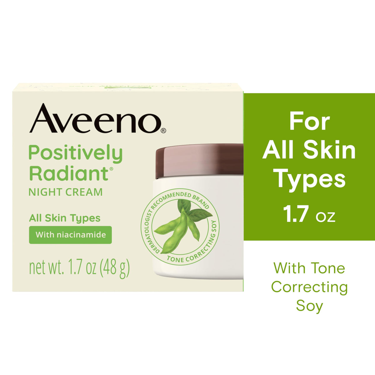 Aveeno Positively Radiant Night Cream jar next to product box