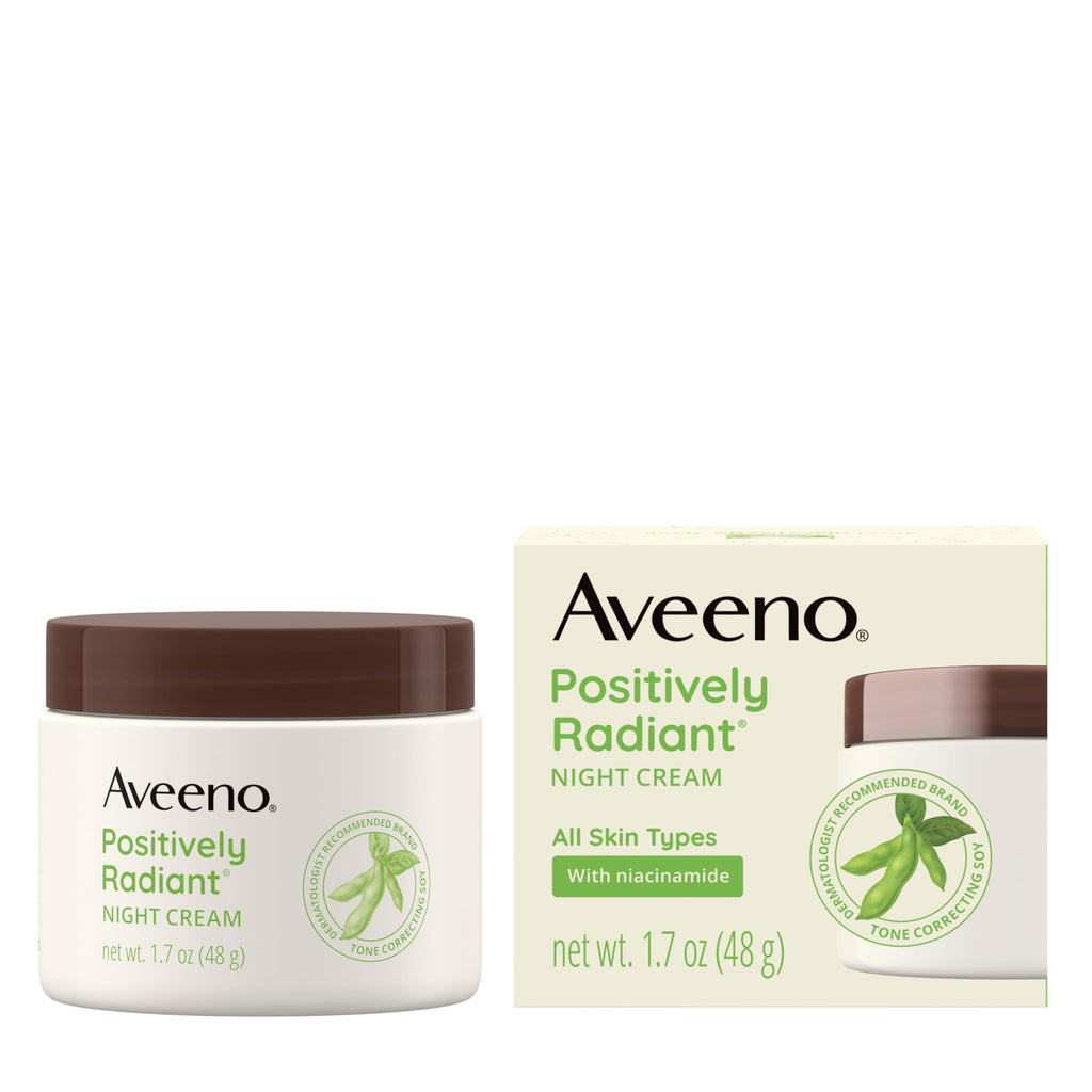 Lifestyle shot of Aveeno Positively Radiant Night Cream skincare routine