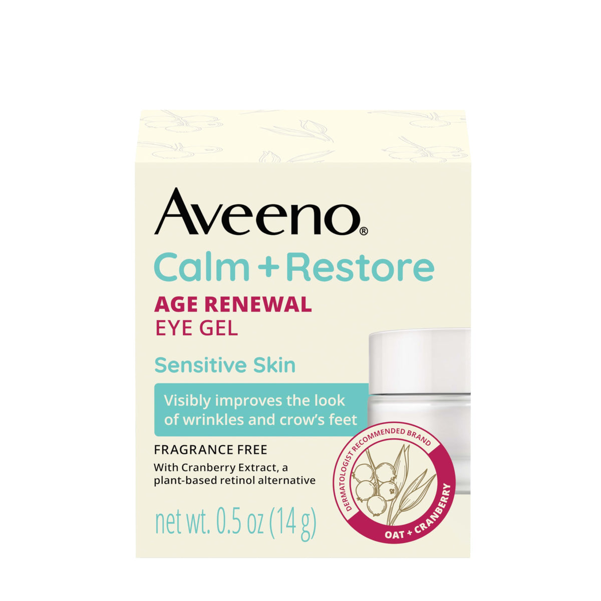 Overhead shot of Aveeno Calm and Restore eye gel jar.