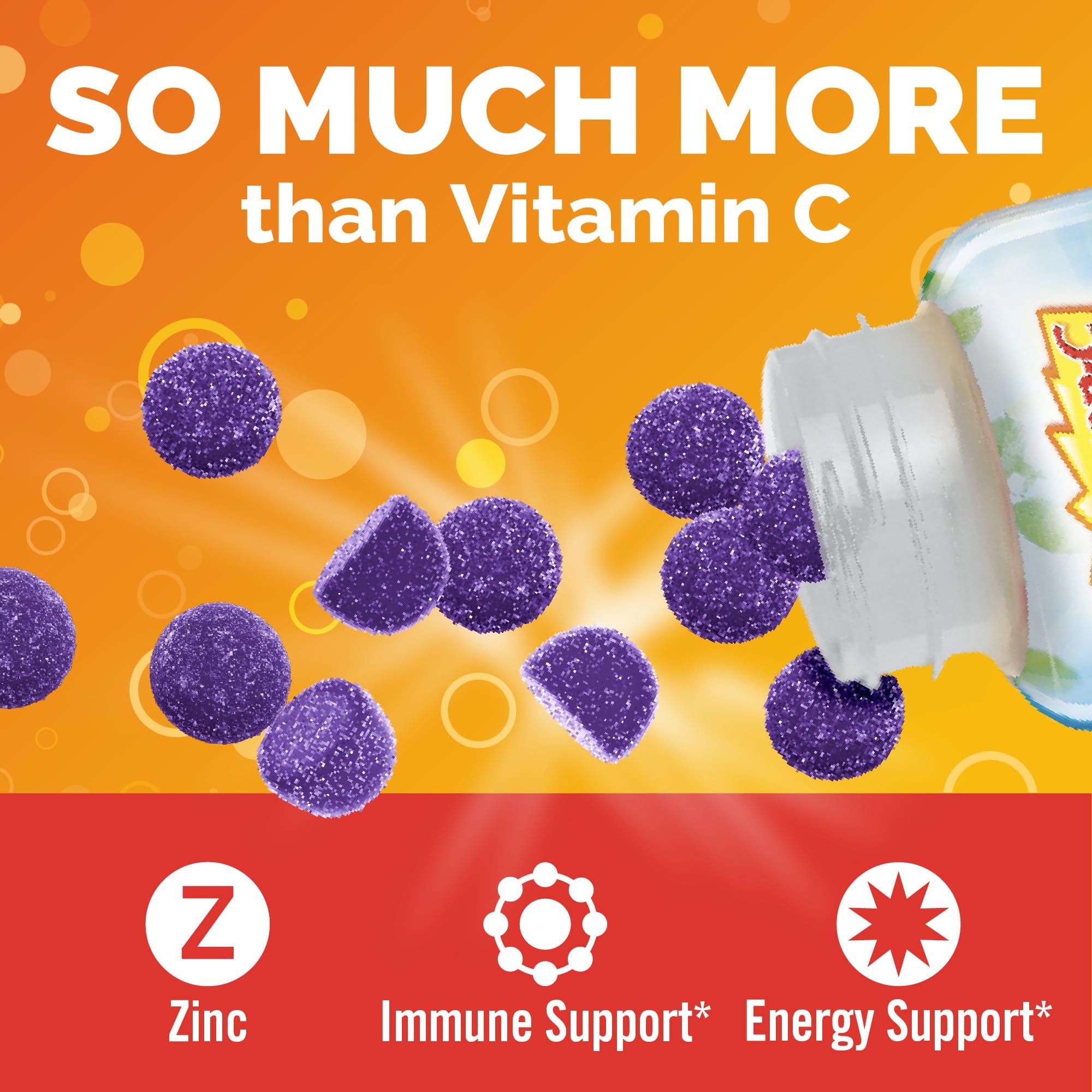 Emergen-C vegetarian gluten free elderberry gummies packaging showcasing active vitamin ingredients.