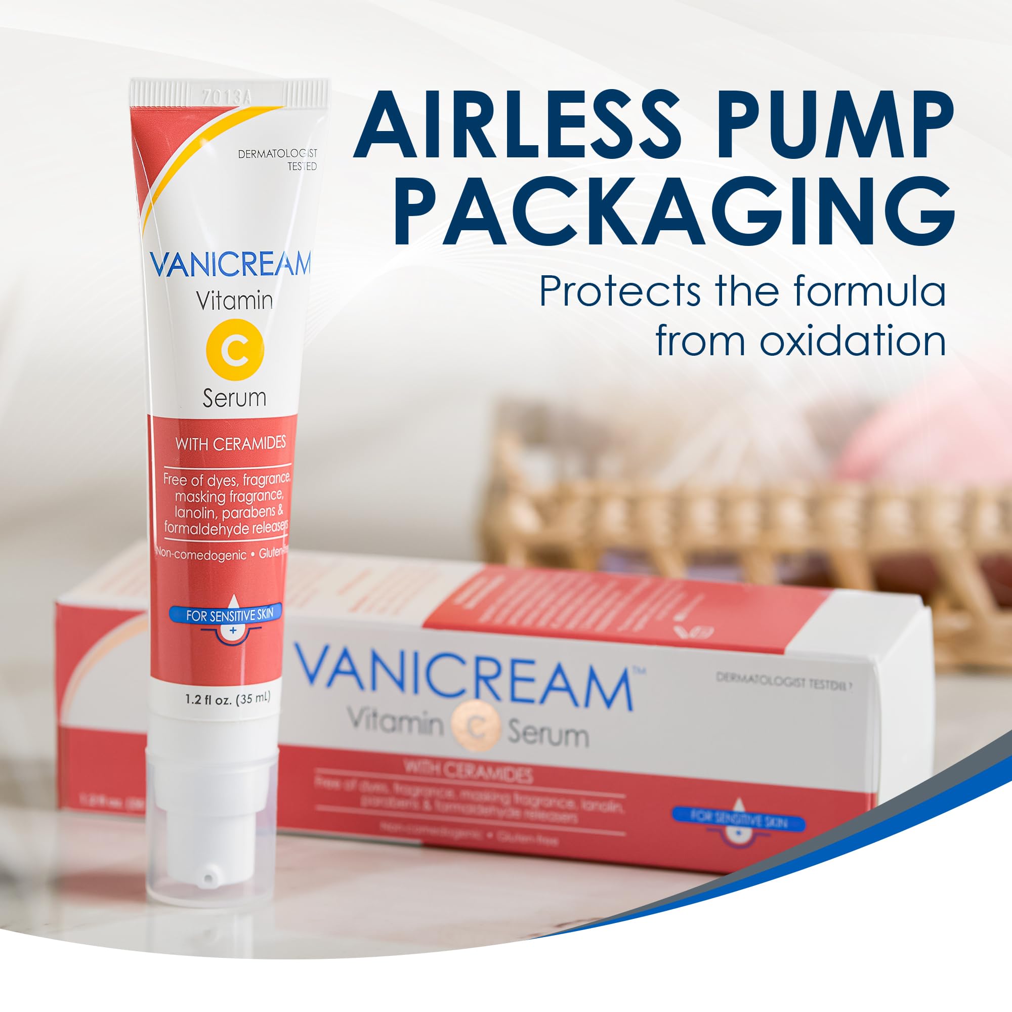Vanicream Vitamin C face serum side profile highlighting its dye and fragrance free formula