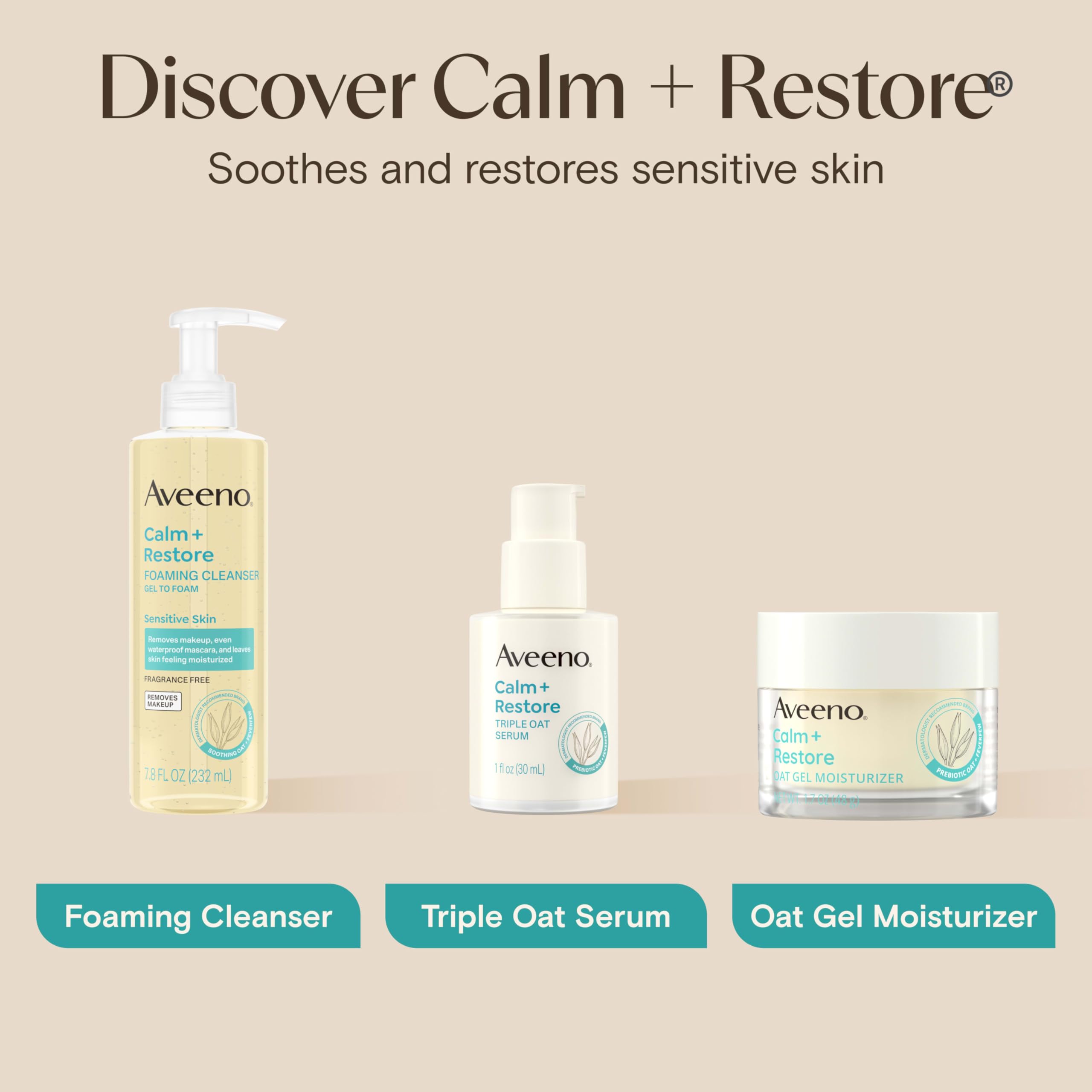 Close up view of the Aveeno Calm and Restore product texture and dermatologist recommended labeling