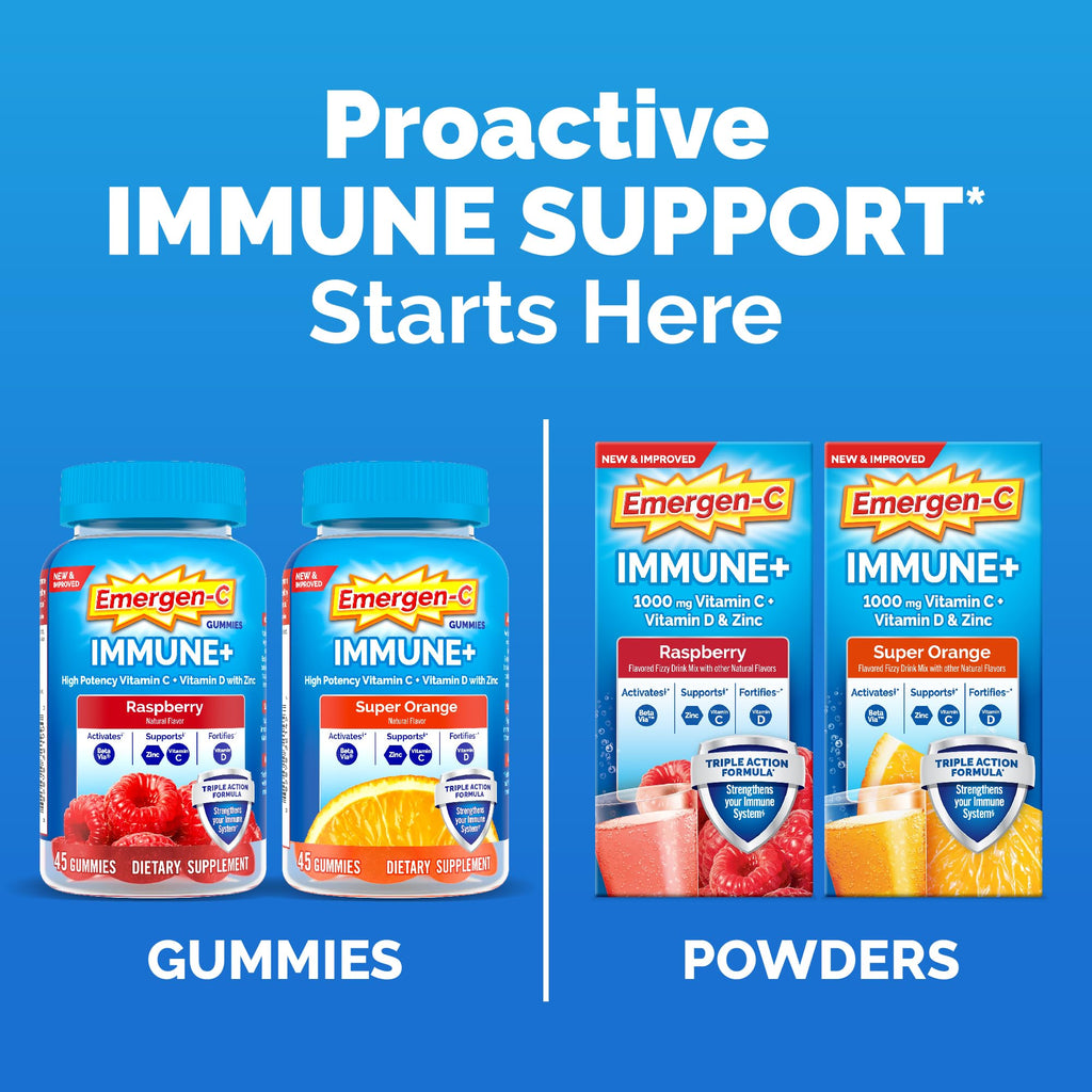 Emergen-C Triple Action formula packaging highlighting Vitamin D Zinc and BetaVia