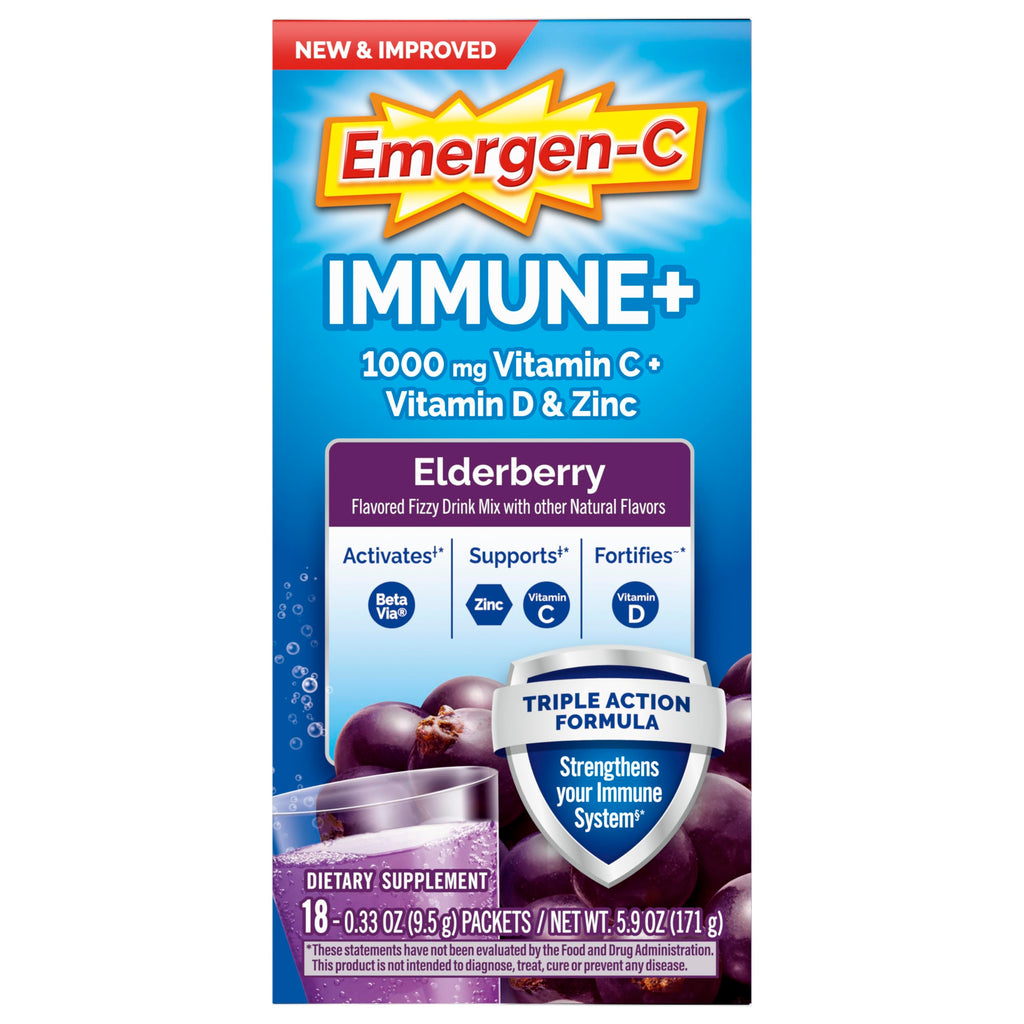 Close up of the triple action benefit details on the Emergen-C box label