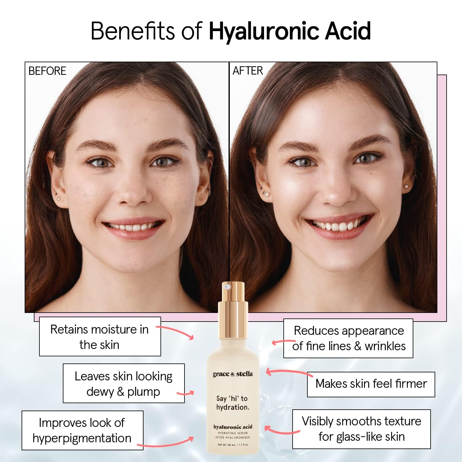 Grace & Stella anti aging hyaluronic acid serum texture showcase on a clean background