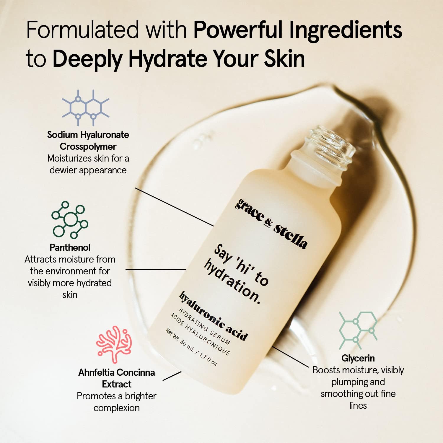 Grace & Stella vegan skincare hyaluronic acid bottle with precision pump applicator