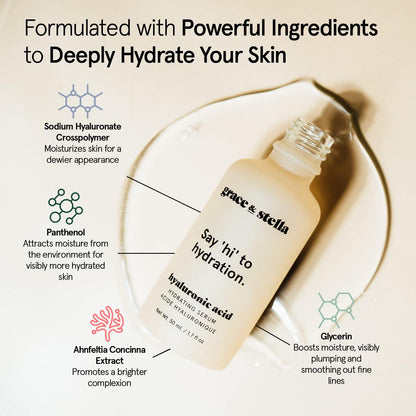 Grace & Stella vegan skincare hyaluronic acid bottle with precision pump applicator
