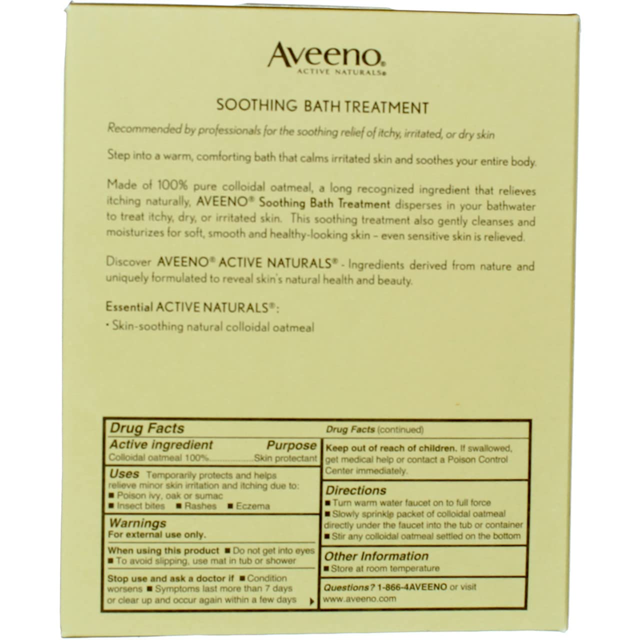 Back label of Aveeno Active Naturals bath treatment showing drug facts and skin protectant directions.