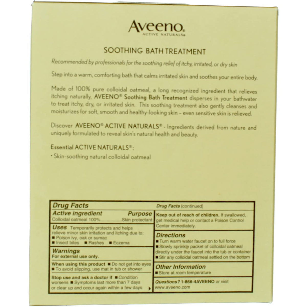 Back label of Aveeno Active Naturals bath treatment showing drug facts and skin protectant directions.