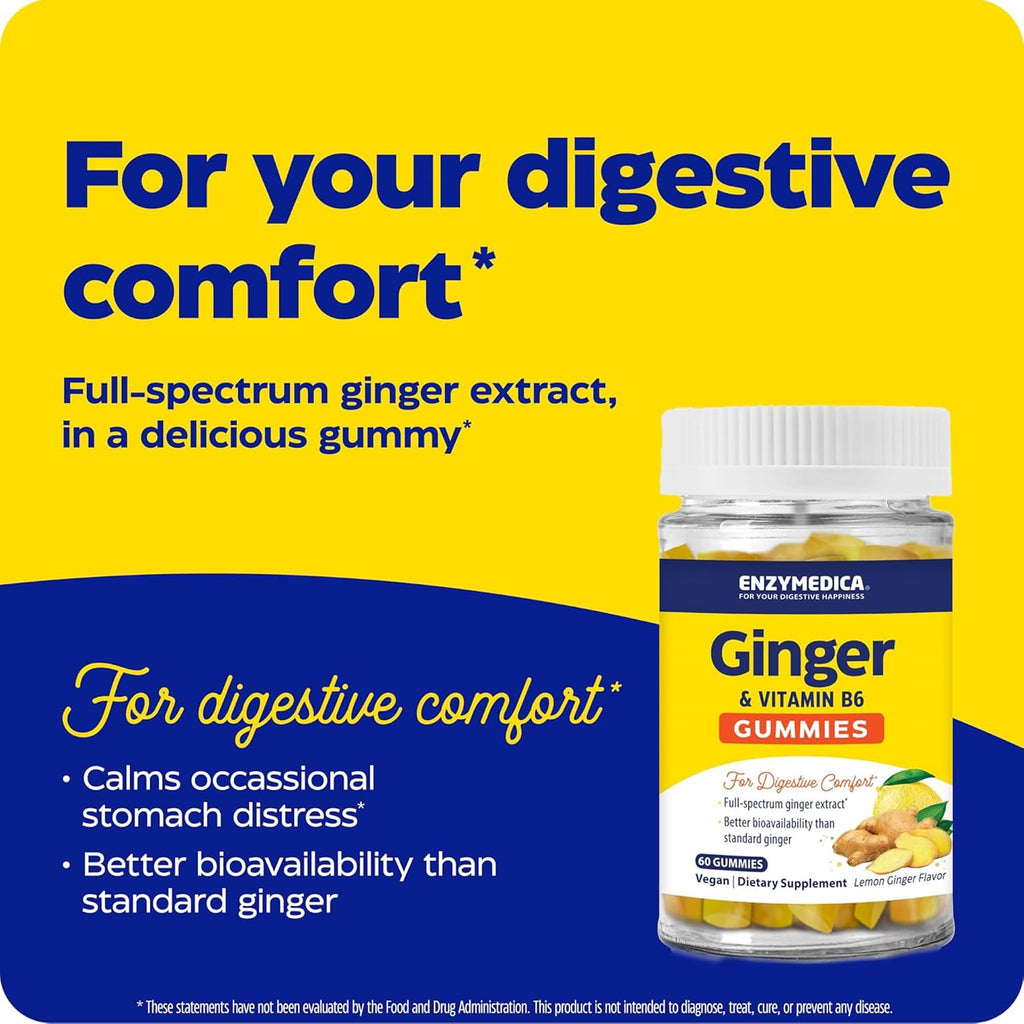Enzymedica imported USA ginger root extract chewable gummies for gas and bloating support.