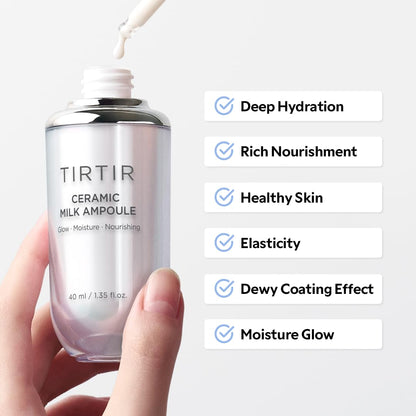 TIRTIR Ceramic Milk Ampoule being applied to the face for deep barrier hydration