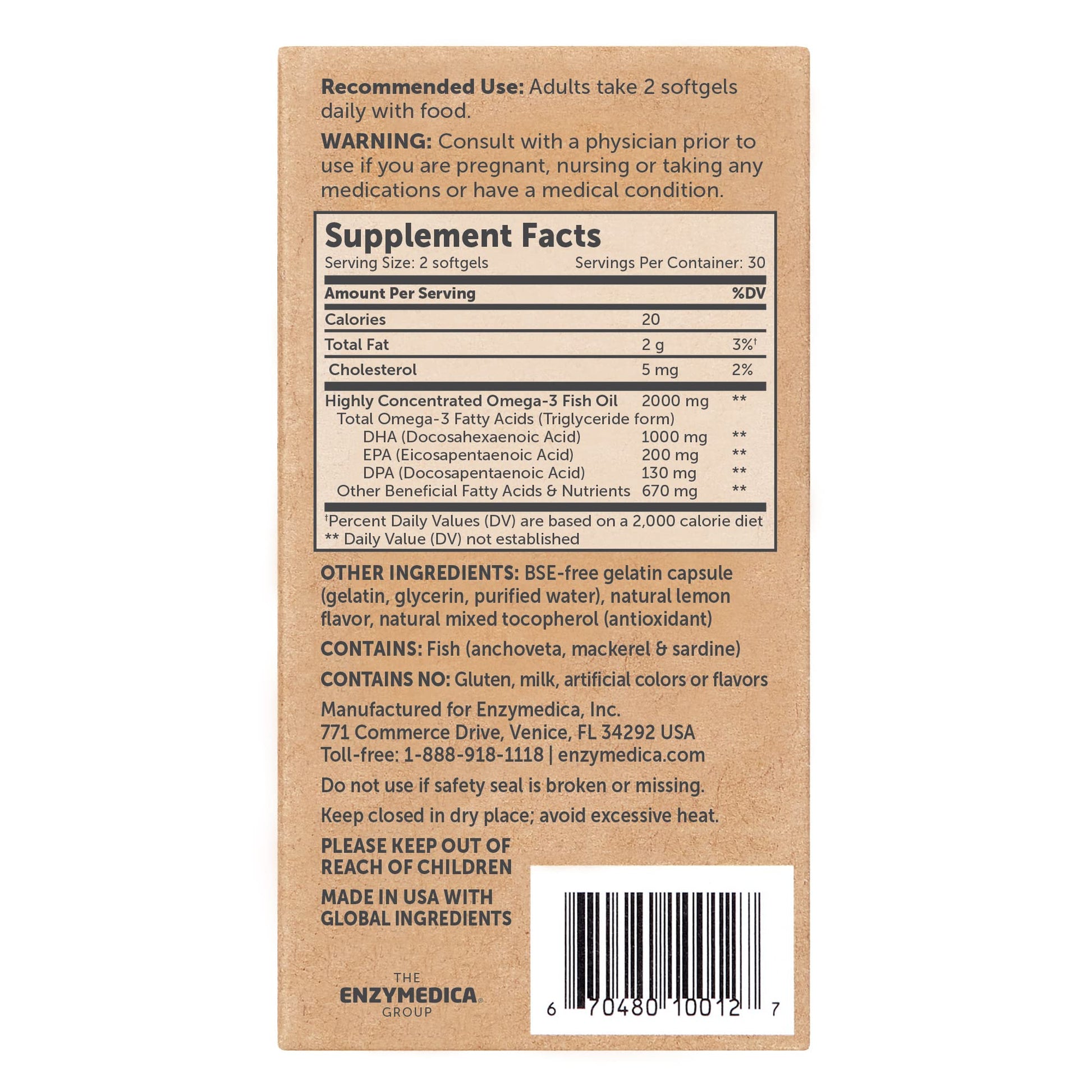 Enzymedica premium imported omega trilogy supplement bottle showing lemon flavor and 2000 milligram potency details