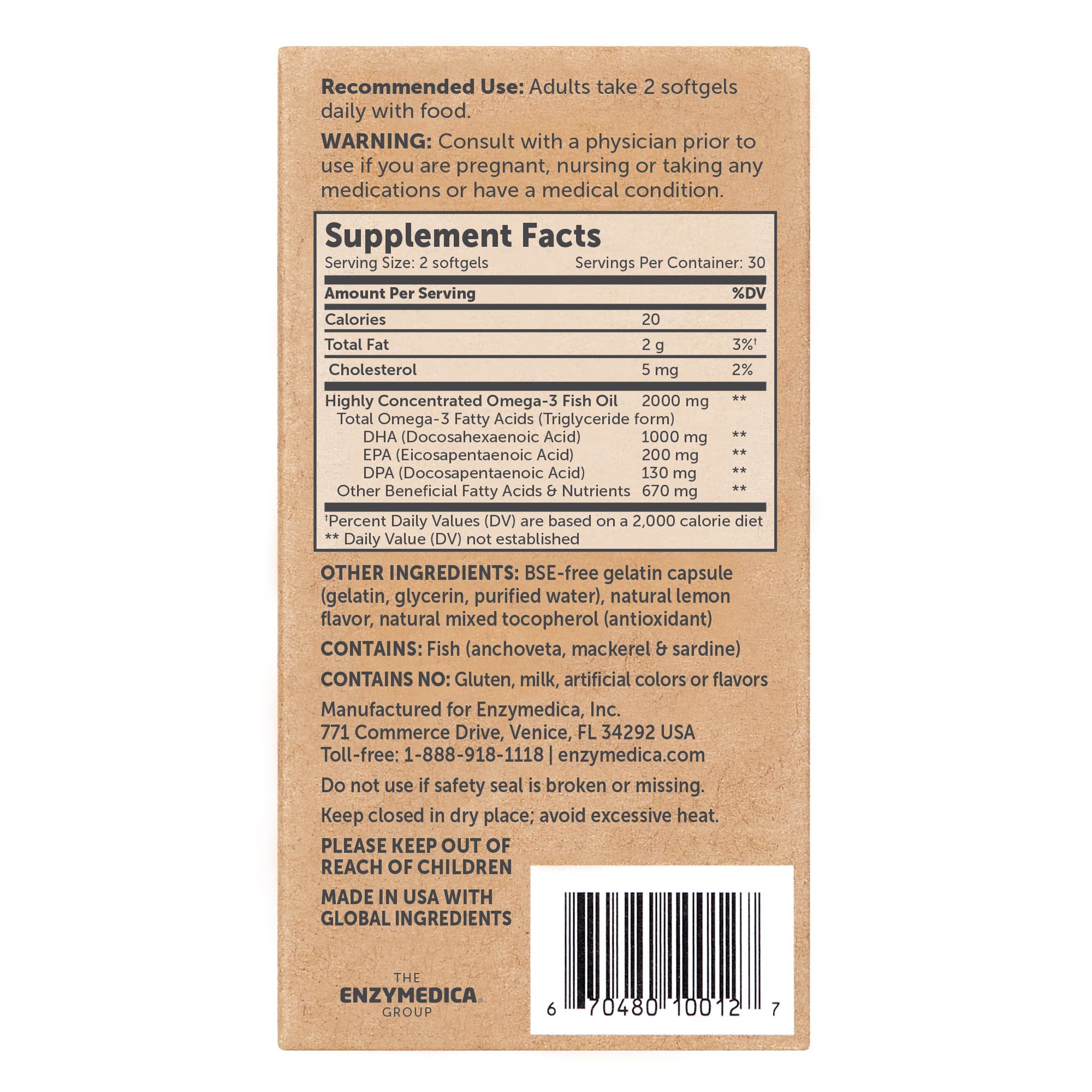 Enzymedica premium imported omega trilogy supplement bottle showing lemon flavor and 2000 milligram potency details