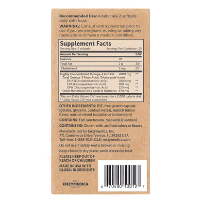 Enzymedica premium imported omega trilogy supplement bottle showing lemon flavor and 2000 milligram potency details