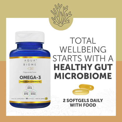 Close up of Enzymedica Aqua Biome 60 softgels label featuring directions of use and immune support benefits