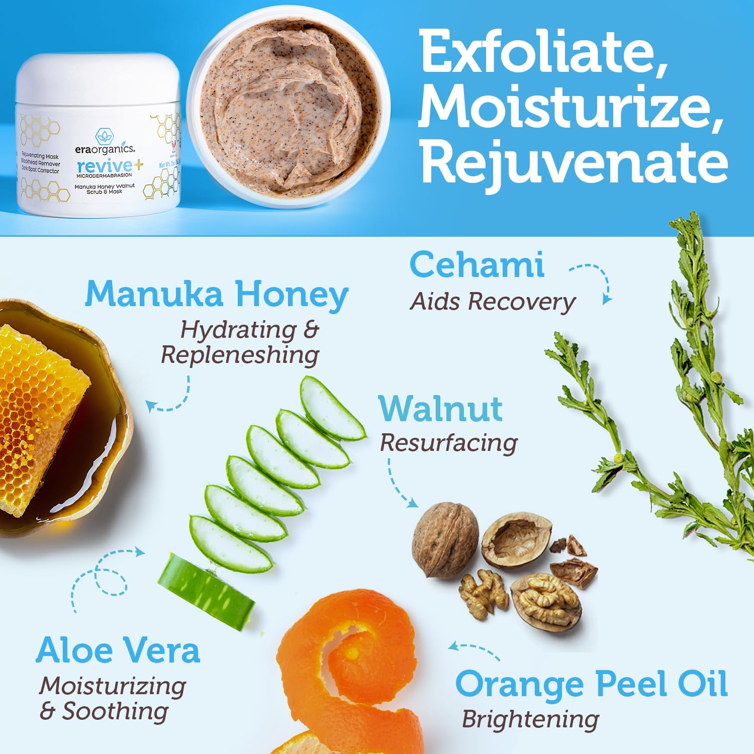 Era Organics Revive Plus face scrub and mask texture close up showing fine walnut particles