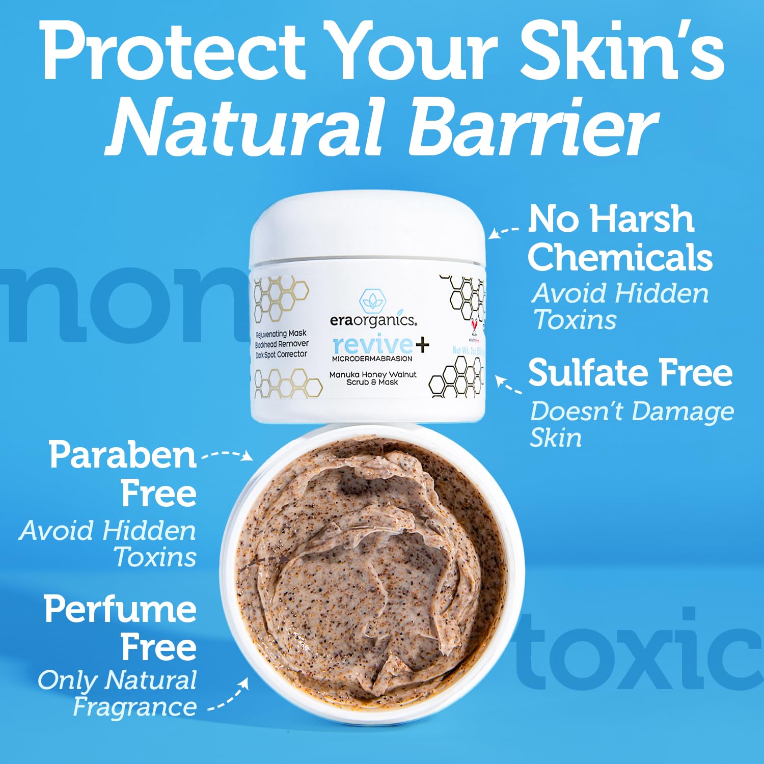 Era Organics microdermabrasion facial scrub packaging box showing product attributes and usage instructions