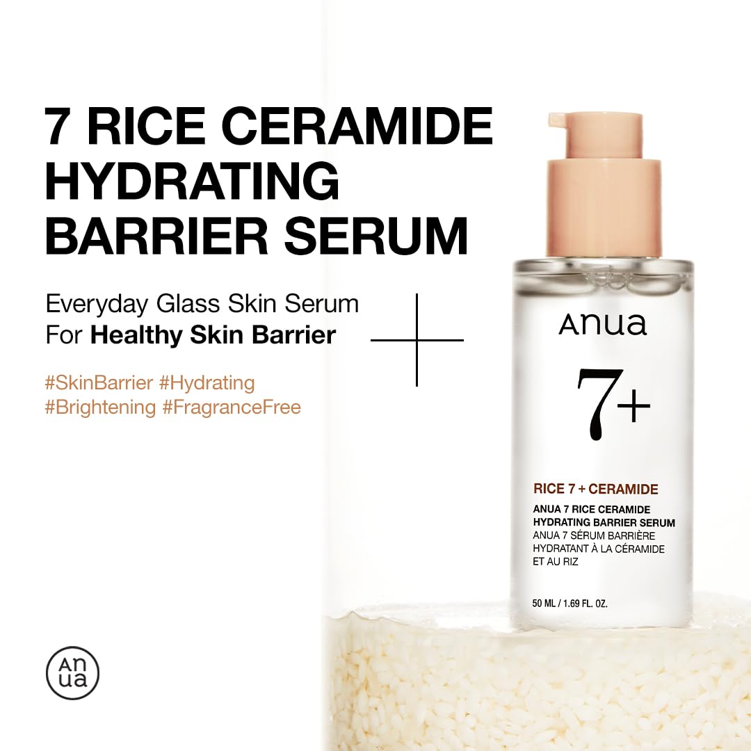 Anua rice serum bottle showing ingredients and ceramide labeling