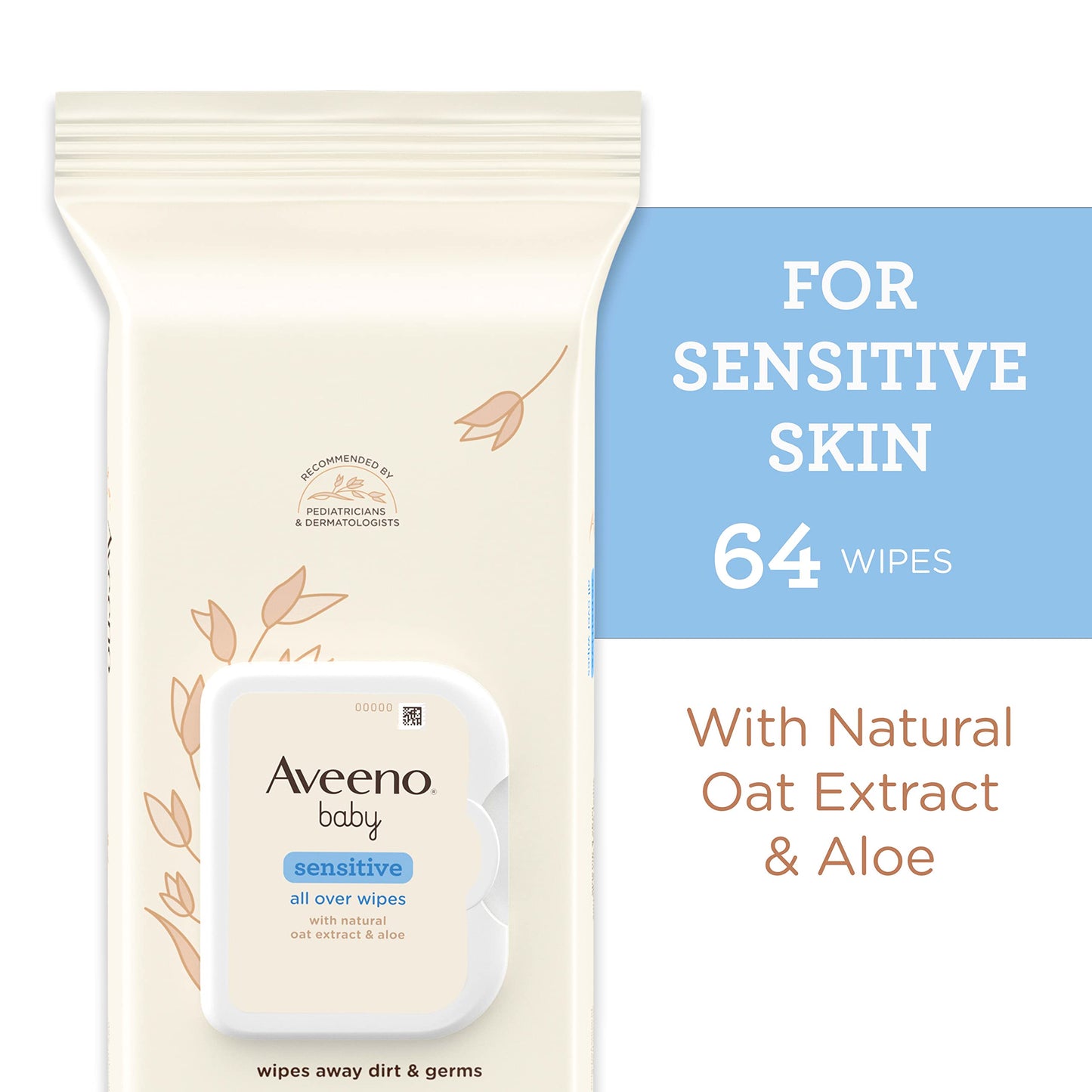 Aveeno Baby Sensitive All Over Wipes 64 count pack close up highlighting the oat and aloe ingredients