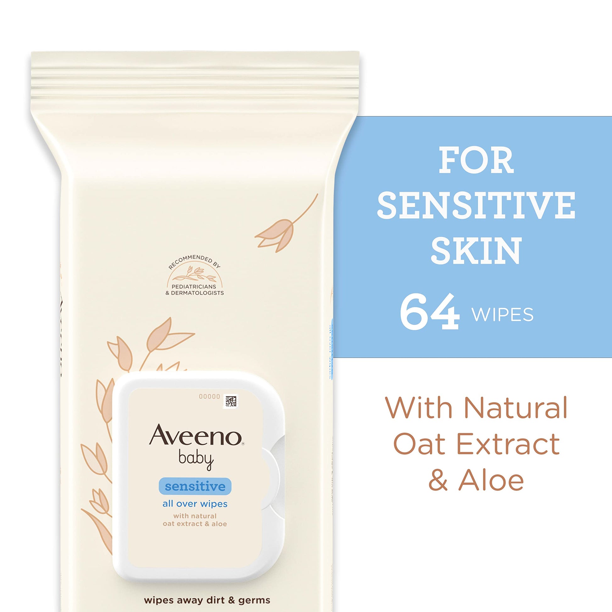 Aveeno Baby Sensitive All Over Wipes 64 count pack close up highlighting the oat and aloe ingredients