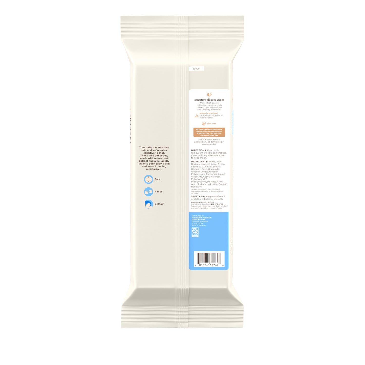 Aveeno Baby Sensitive All Over Wipes 64 count side packaging displaying pediatrician recommendation text