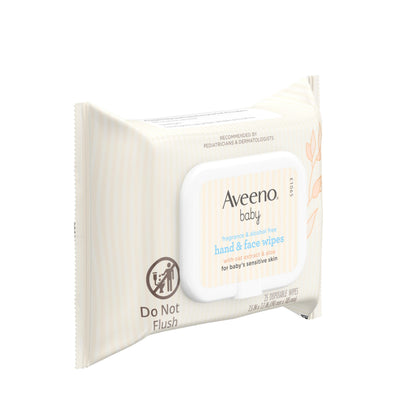 Close up of Aveeno Baby wipes pack highlighting the oat extract and aloe leaf ingredients details.