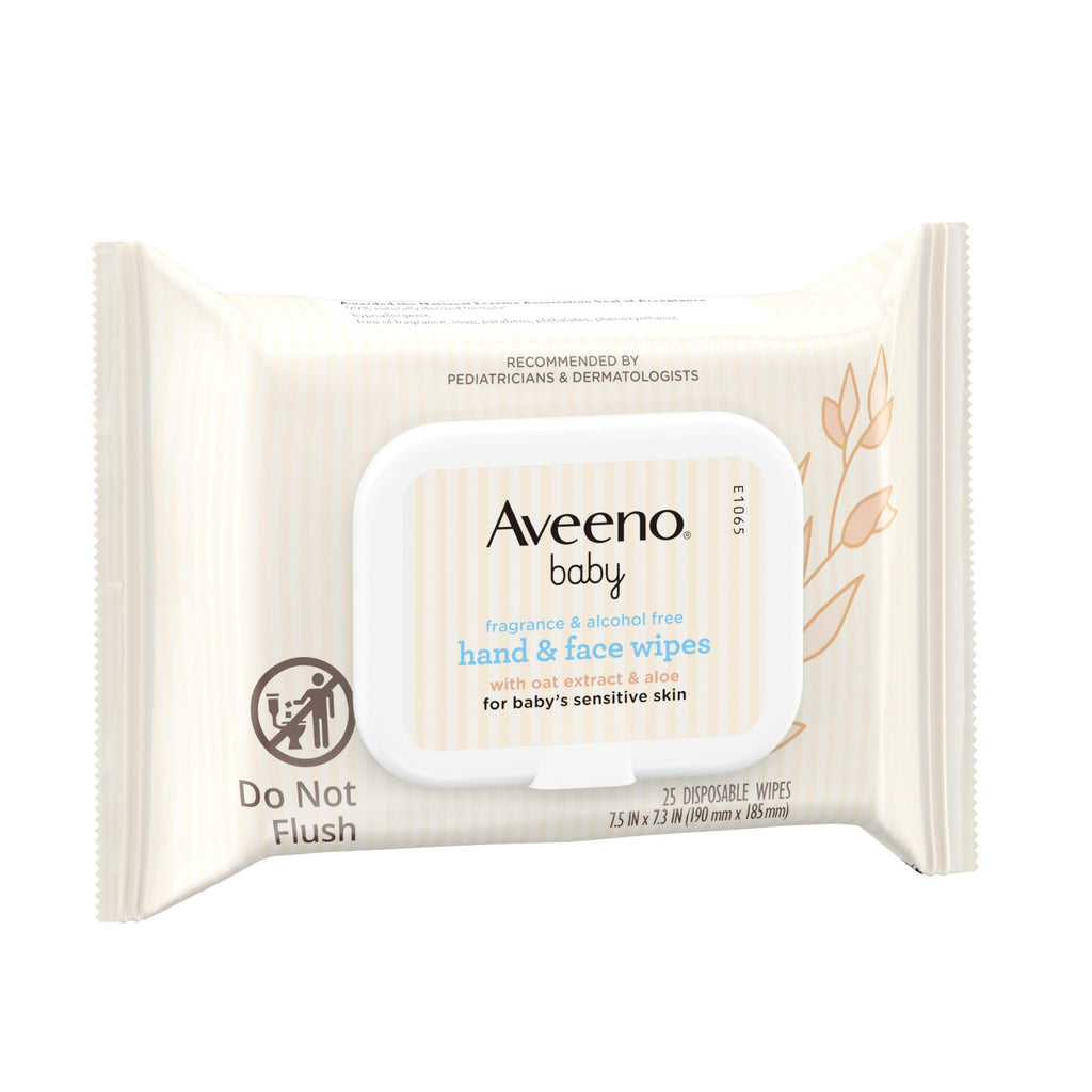 Aveeno Baby moisturizing wipes showing the National Eczema Association Seal of Acceptance logo on the pack.