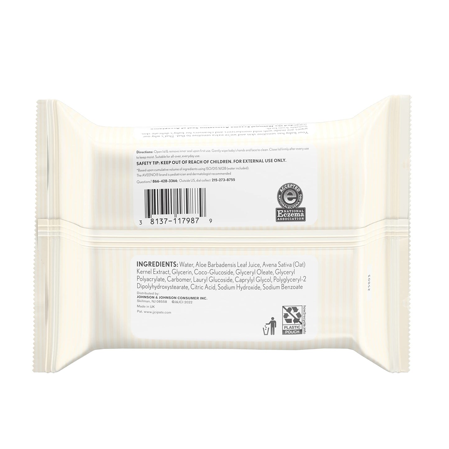 Authentic imported Aveeno Baby sensitive skin wipes pack displayed on a clean surface.