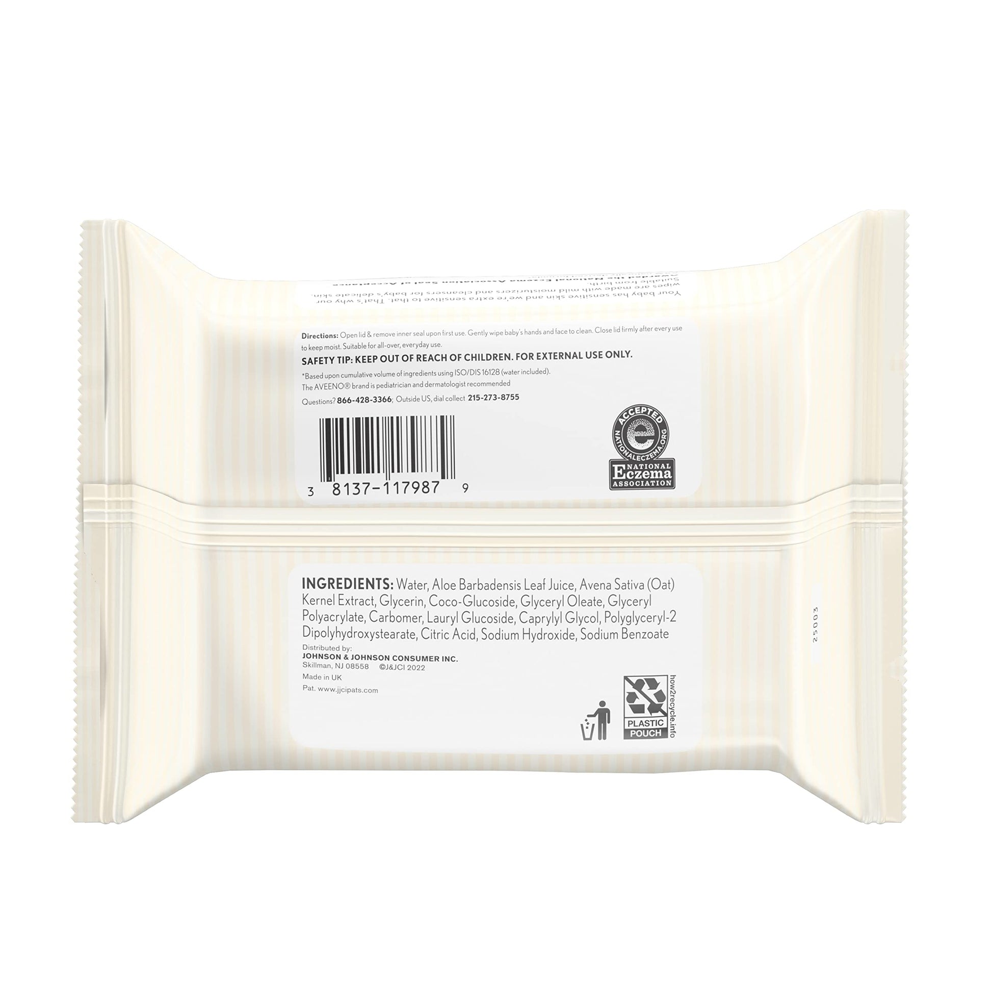 Authentic imported Aveeno Baby sensitive skin wipes pack displayed on a clean surface.