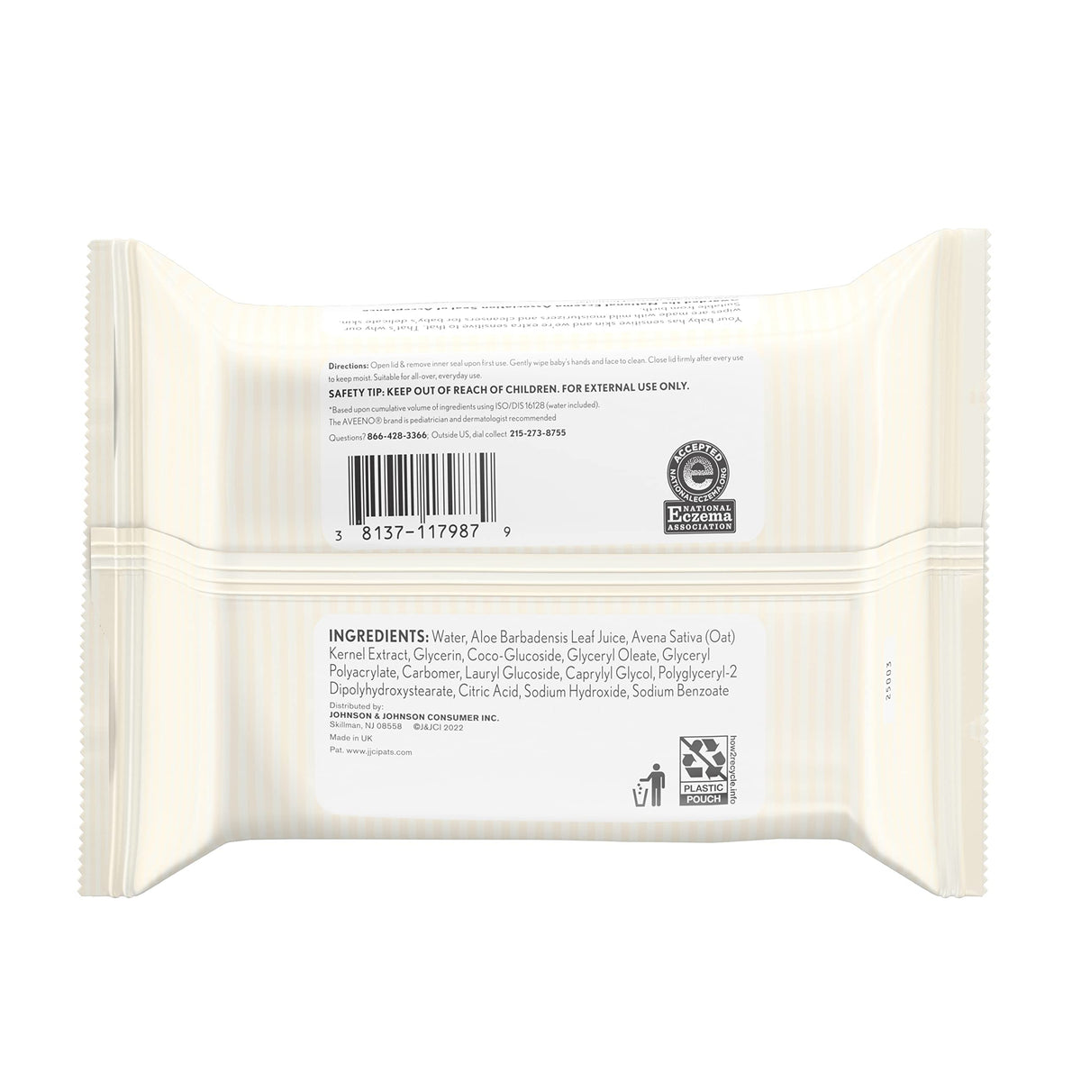 Authentic imported Aveeno Baby sensitive skin wipes pack displayed on a clean surface.