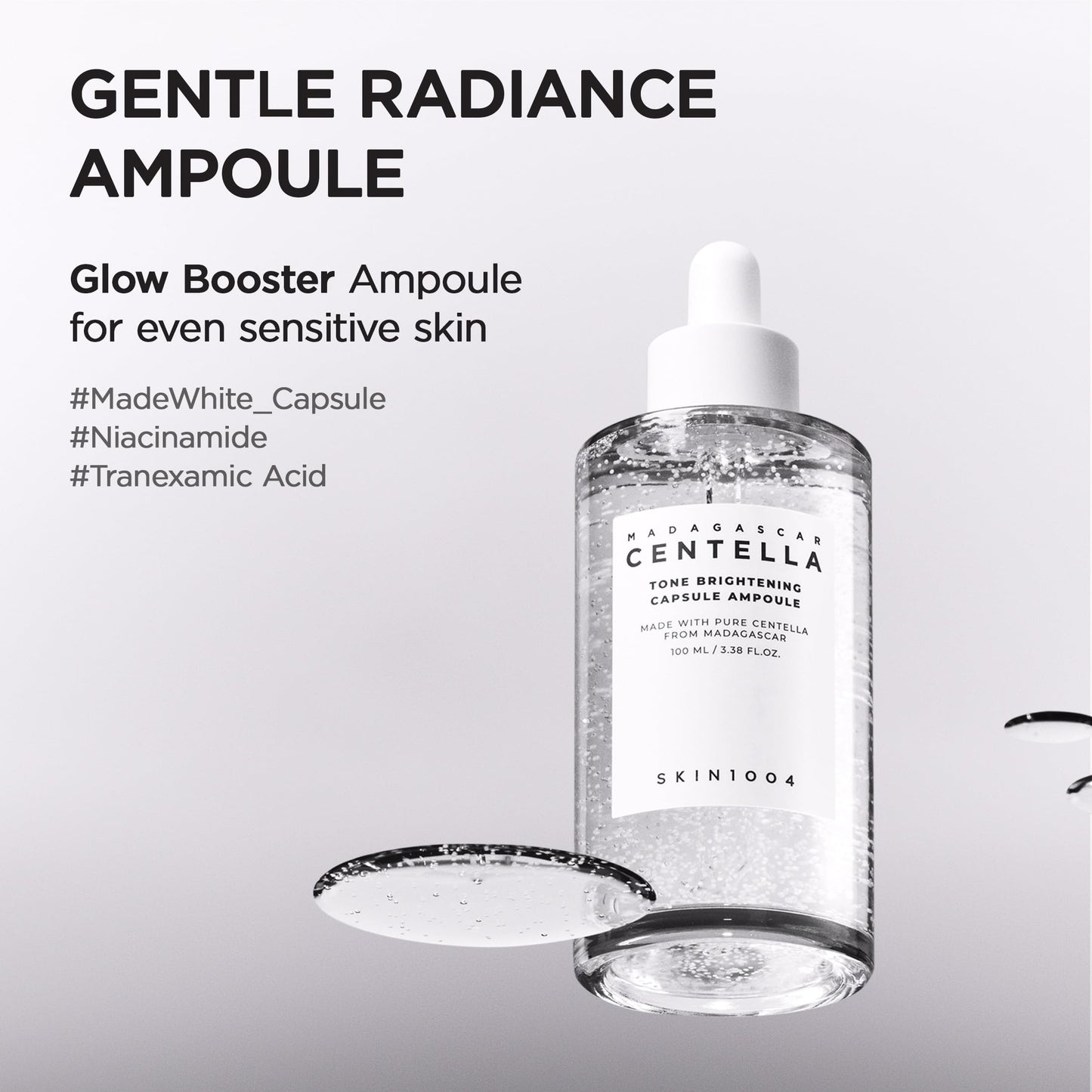 SKIN1004 Tone Brightening Capsule Ampoule showing the clear glass skin serum texture with visible micro-beads