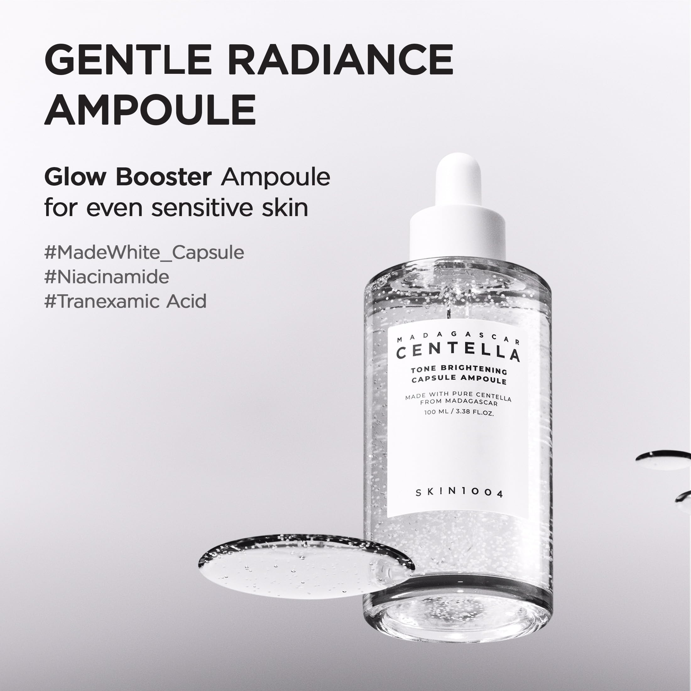 SKIN1004 Tone Brightening Capsule Ampoule showing the clear glass skin serum texture with visible micro-beads