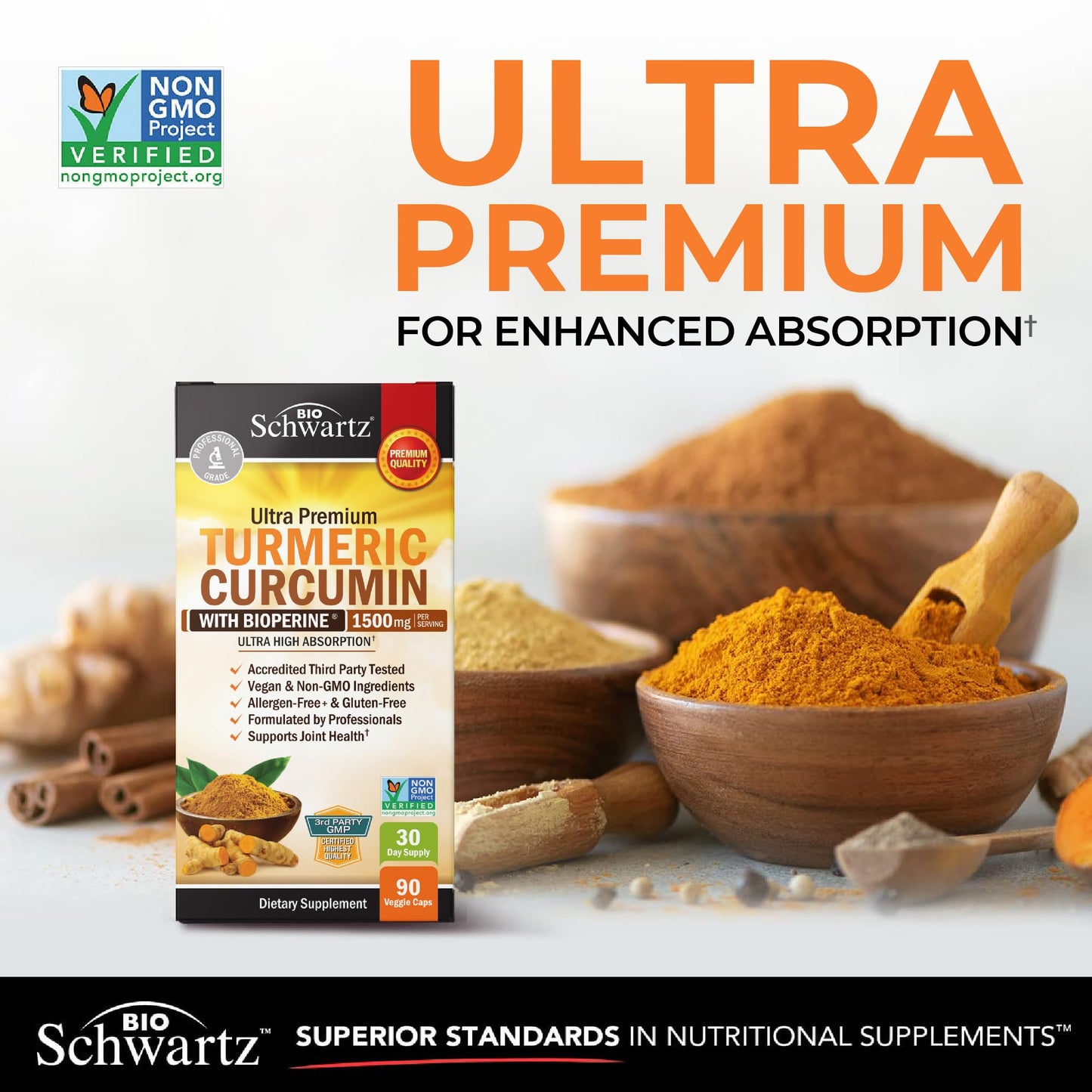BioSchwartz Turmeric Curcumin supplement facts label showing 95 percent standardized curcuminoids and BioPerine ingredients
