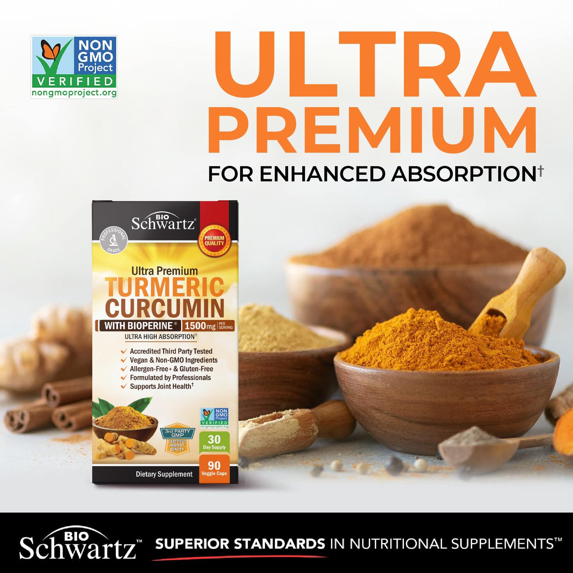 BioSchwartz Turmeric Curcumin supplement facts label showing 95 percent standardized curcuminoids and BioPerine ingredients