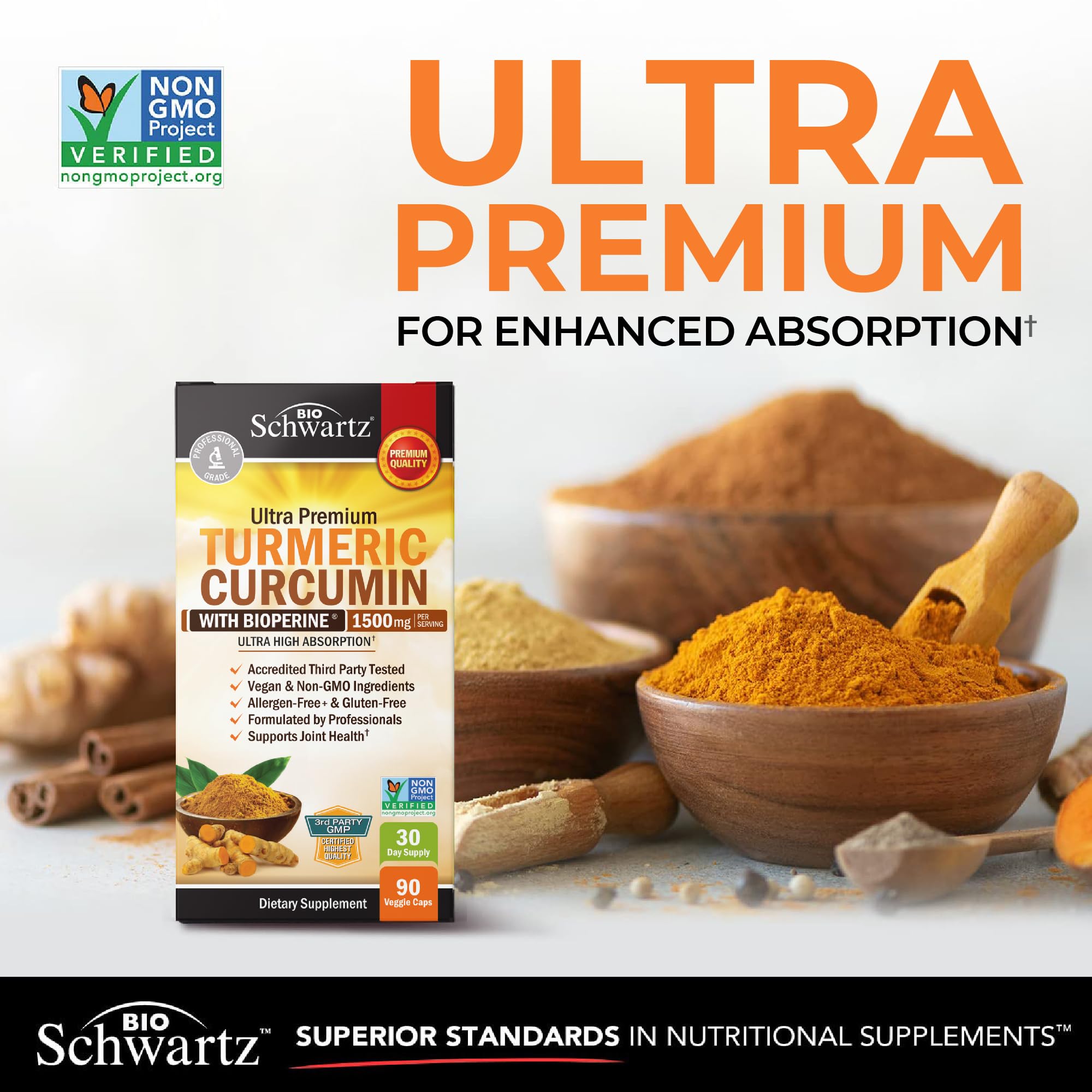 BioSchwartz Turmeric Curcumin supplement facts label showing 95 percent standardized curcuminoids and BioPerine ingredients