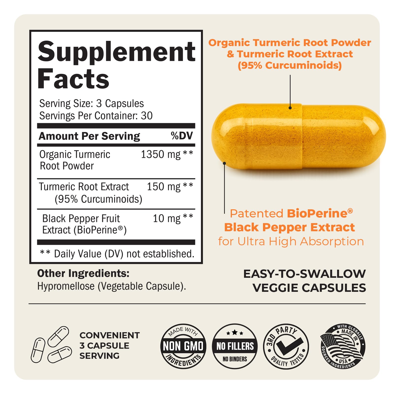 BioSchwartz Turmeric Curcumin with BioPerine vegetarian capsules spilled next to the premium white bottle