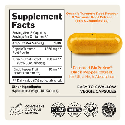BioSchwartz Turmeric Curcumin with BioPerine vegetarian capsules spilled next to the premium white bottle