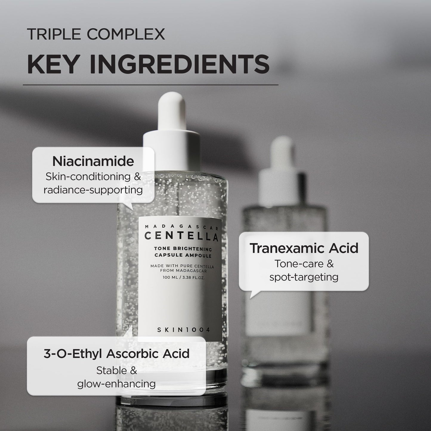 SKIN1004 Niacinamide and Tranexamic Acid serum bottle with packaging box highlighting authentic ingredients